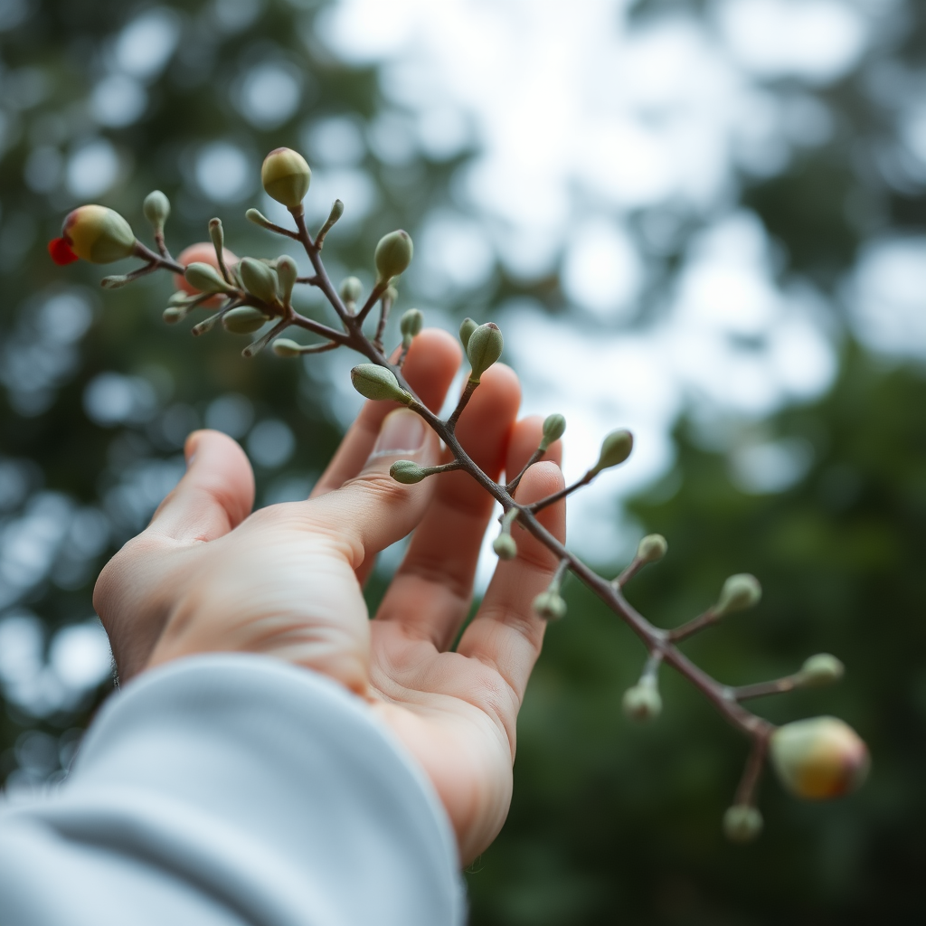 A view of a person's hand holding a eucalyptus sprig - a macro DSLR highlighting the balance of human and nature