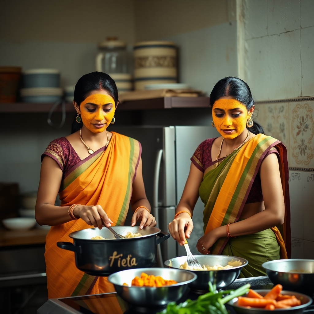 2 slim, 30-year-old Indian maids. They are cooking food in the kitchen. Their faces are covered with a turmeric face mask.