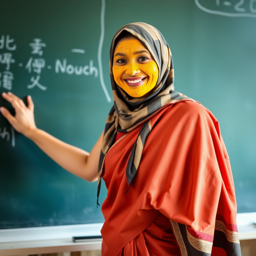 slim, 30 year old, sexy, chinese female school teacher, saree, scarf head, turmeric face mask. She is smiling and teaching on a blackboard.