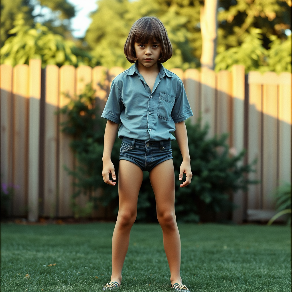 tall 14yo teen boy, long hair bob cut, wearing shirt and very tight booty shorts, long legs, narrow thighs, full-length front view. 1970s. Playing at backyard. photorealistic, ultra high resolution, 16K, Negative: grainy, blurry, bad anatomy, extra limbs, watermark.