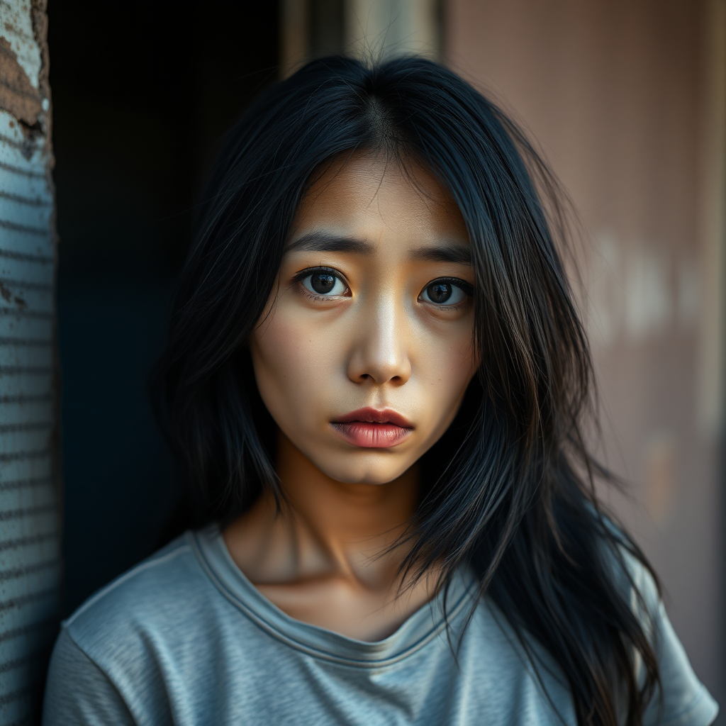 A homeless, now neglected, mysterious but pretty Asian woman with jet-black hair and equally typical black Asian eyes, wearing a T-shirt, looks very sad.