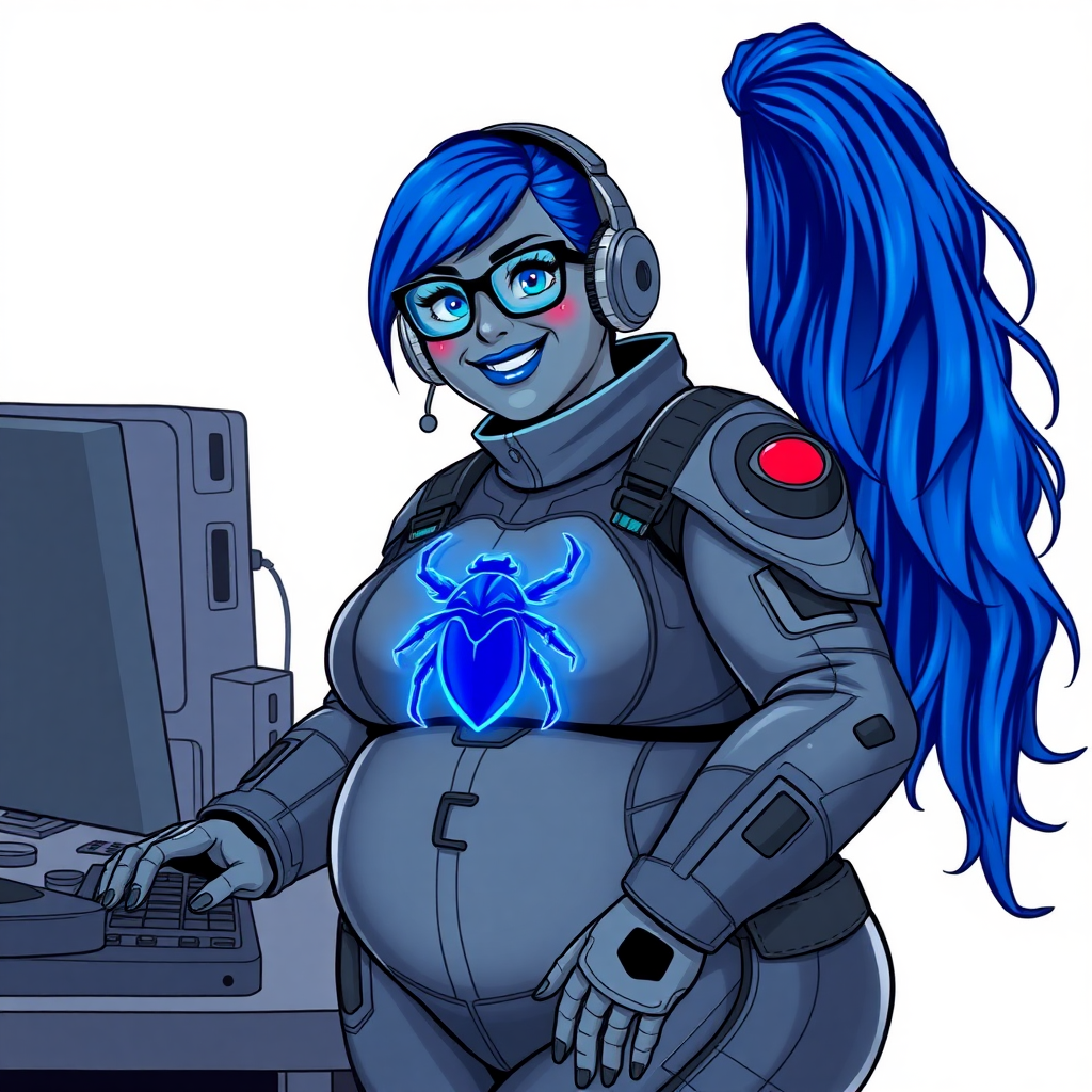 A nerdy, full-figured, middle gray-skinned 29-year-old computer program hybrid with a long, maximum blue ponytail. She wears maximum blue lipstick and has bright blue eyes. Her outfit includes a digital, computerized, middle gray biker suit featuring a neon blue glowing beetle chest icon. She sports a sapphire headset and black eyeglasses, with a beaming smile and neon red blush. Her full figure reflects the doting care of her vigilante boyfriend. As his tech expert, she works diligently at her lab table in their hideout. The background is solid white. She has a prominent, gargantuan, round midsection, titanic limbs, and broad shoulders. Her middle gray metallic skin highlights her digital nature. She is drawn as if she was in a retro 2D cyberpunk fighting game.