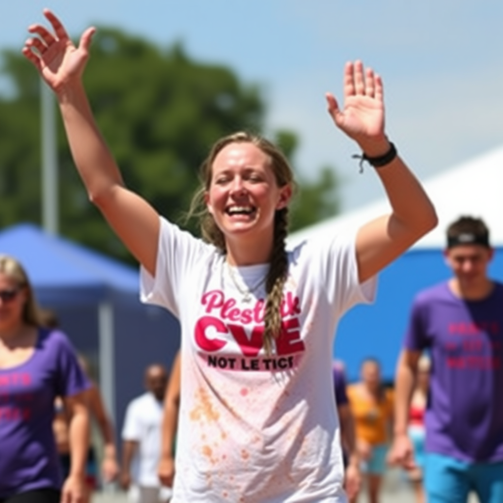 A photograph of competitors in a wet t-shirt contest. One of the competitors is raising her arms aloft in triumph.