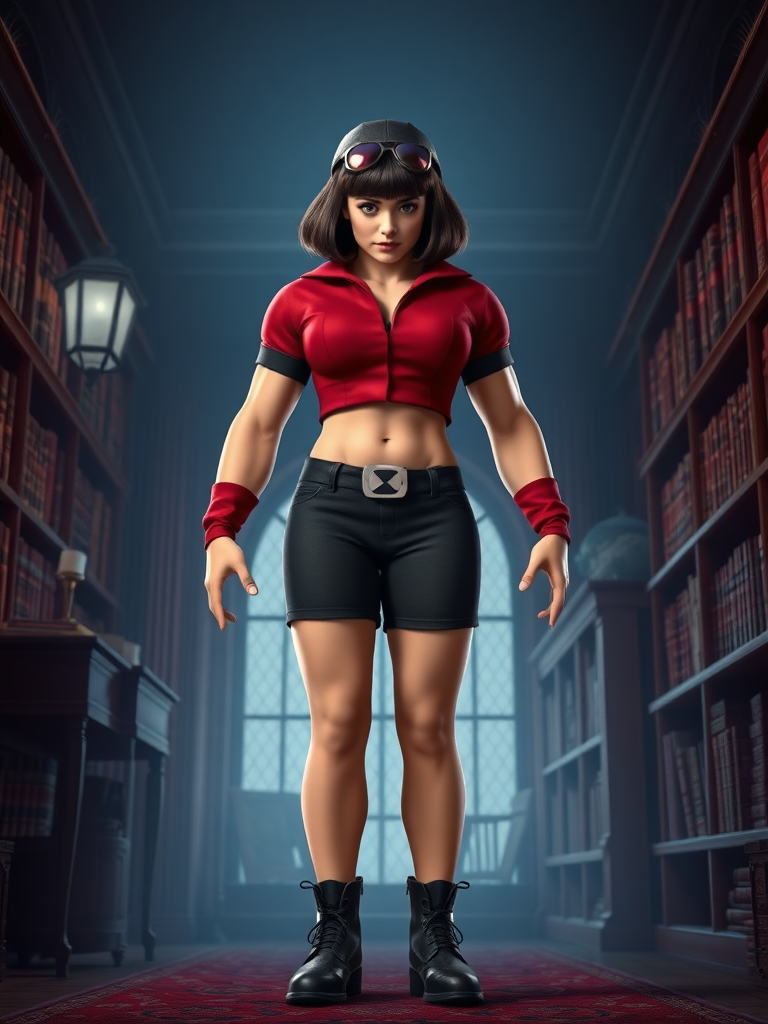 Create a full-length photorealistic image: Character Velma Dinkley possesses an inverted triangle body type of a male bodybuilder. Keep Velma's head intact, maintaining her signature hairstyle and facial features. Ensure her iconic costume fits this new muscular physique. Background inspired by Velma's role, featuring mystery-solving elements like a spooky library or an old mansion. Maintain consistent lighting and detail throughout the scene.