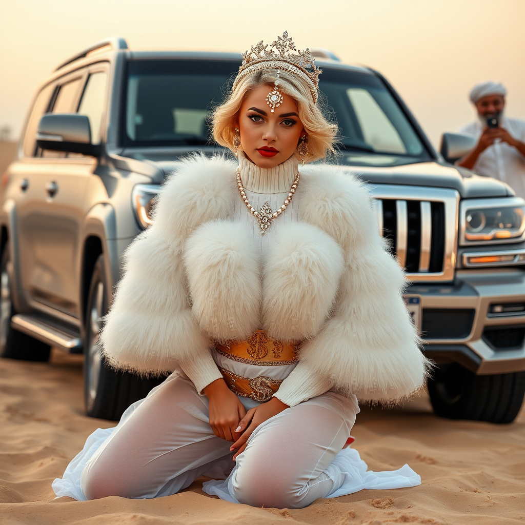 Kuwait desert dunes misty dawn, full size luxury SUV: Melissa, European 17 years old very convincing femboy “trophy-bimbo”, tamed servile docile, very beautiful feminine flawless face, rather short, by hormones very curvaceous womanly figured, platinum blond short tight curls, bold red lips, heavily made-up face, wearing Supertanya-style fluffy very fuzzy bright white angora turtleneck-poncho cropped ending under bust decorated with pearls and gemstones, striking oriental wide gold bridal protection belt, white fully transparent harem pants, full Oriental bridal jewelry with striking headpiece, full Oriental face-jewelry, striking diamond “$$$” letter brooch on left chest, pout frustrated, hands tied behind back, kneeling in sand in front of SUV, looking at camera. Focus on face and turtleneck-poncho. Standing behind leaning against SUV: older overweight mighty sheik laughing taking pictures with mobile phone.