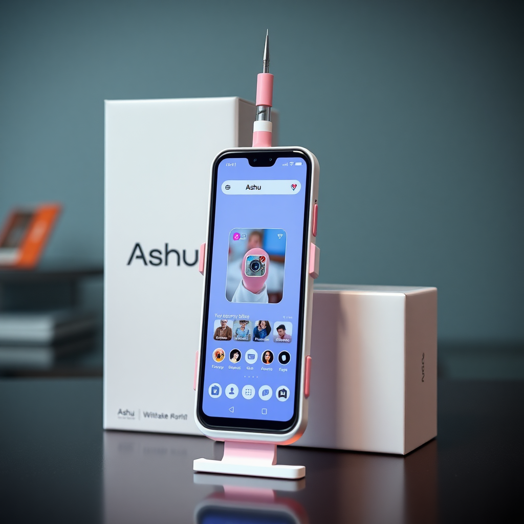 A close-up straight front view of a mobile phone in the shape inspired by a syringe, white pink futuristic, kept for sale leaning to a box with text Ashu and minimal design, in showroom, touchscreen phone with Instagram page open on screen, needle on top, whitepunk.