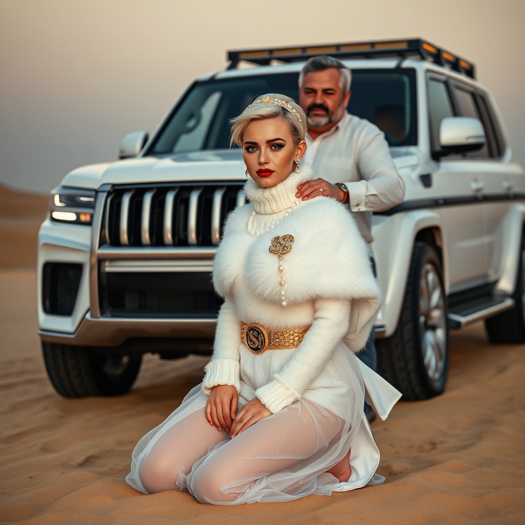 Kuwait desert dunes misty dawn, full size luxury SUV: Melissa, European 17 years old very convincing femboy “trophy-bimbo”, tamed servile docile, very beautiful feminine flawless face, rather short, by hormones very curvaceous womanly figured, platinum blond short tight curls, bold red lips, heavily made-up face, wearing Supertanya-style fluffy very fuzzy bright white angora turtleneck-poncho cropped ending under bust decorated with pearls and gemstones, striking oriental wide gold bridal protection belt, white fully transparent harem pants, full Oriental bridal jewelry including headpiece, nose-ring, coin anklets, striking diamond “$$$” letter brooch on left chest, pout frustrated, hands tied behind back, kneeling in sand in front of SUV, looking at camera. Focus on face and turtleneck-poncho. Standing behind Melissa: older overweight tall proud sheik, approvingly padding Melissa.