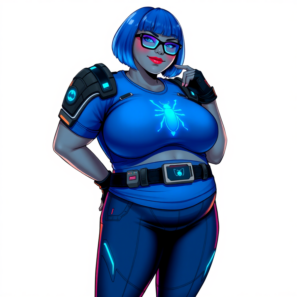 A 28-year-old, full-figured, middle gray skinned computer program hybrid with a maximum blue bob cut. She has a non-athletic build, highlighted by a prominent, round, large midsection (with emphasis on her belly), which shows the aftermath of her pampering. As the heavily pampered digital sidekick to her cyberpunk vigilante boyfriend, her middle gray metallic skin and maximum blue lipstick emphasize her digital nature. She wears a digital, computerized costume inspired by DC’s Carrie Kelly Robin, consisting of a huge, tight-fitting, maximum blue t-shirt with a neon blue glowing chest icon of a beetle, hi-tech shoulder pads with neon blue accents, a black hi-tech belt with a digital neon blue glowing buckle, digital maximum blue biker pants with neon blue accents, and black hi-tech fingerless biker gloves with neon blue glowing accents. Her neon blue glowing eyes, black eyeglasses with a neon blue glowing HUD built into the lenses, and shy smile with neon red blush accentuate her nerdiness. She stands bashfully with one hand behind her back and the other hand gently touching her cheek, her costume covering all her skin and emphasizing her full-figured physique (especially her belly). She is clearly non-athletic, with a focus on her full-figured physique. Despite her build, she radiates beauty. She has a slim face compared to her physique, accentuating her radiant beauty. She is on a solid white background. She is drawn as if she were in a retro 2D cyberpunk fighting game.