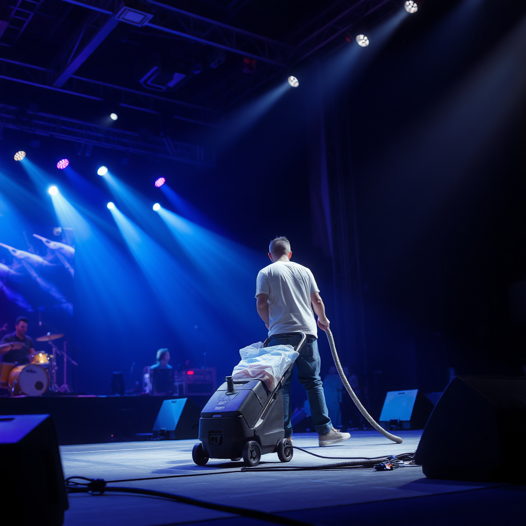 A cleaner is vacuuming during a live concert on stage.