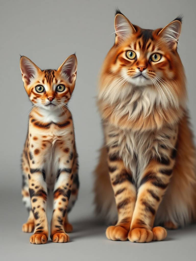 Create a hyper-realistic 4K image showing a small Rusty-Spotted Cat standing beside a larger Angora Cat. The Rusty-Spotted Cat should be depicted with its distinctive rust-colored spots, while the Angora Cat should be shown with its long, luxurious fur. Ensure both cats are in proportion to each other, highlighting the size difference and their unique features.