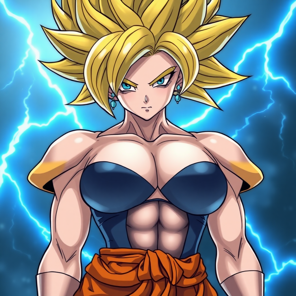 A female Super Saiyan with big breasts, handmade style, and blue lightning in the hair.