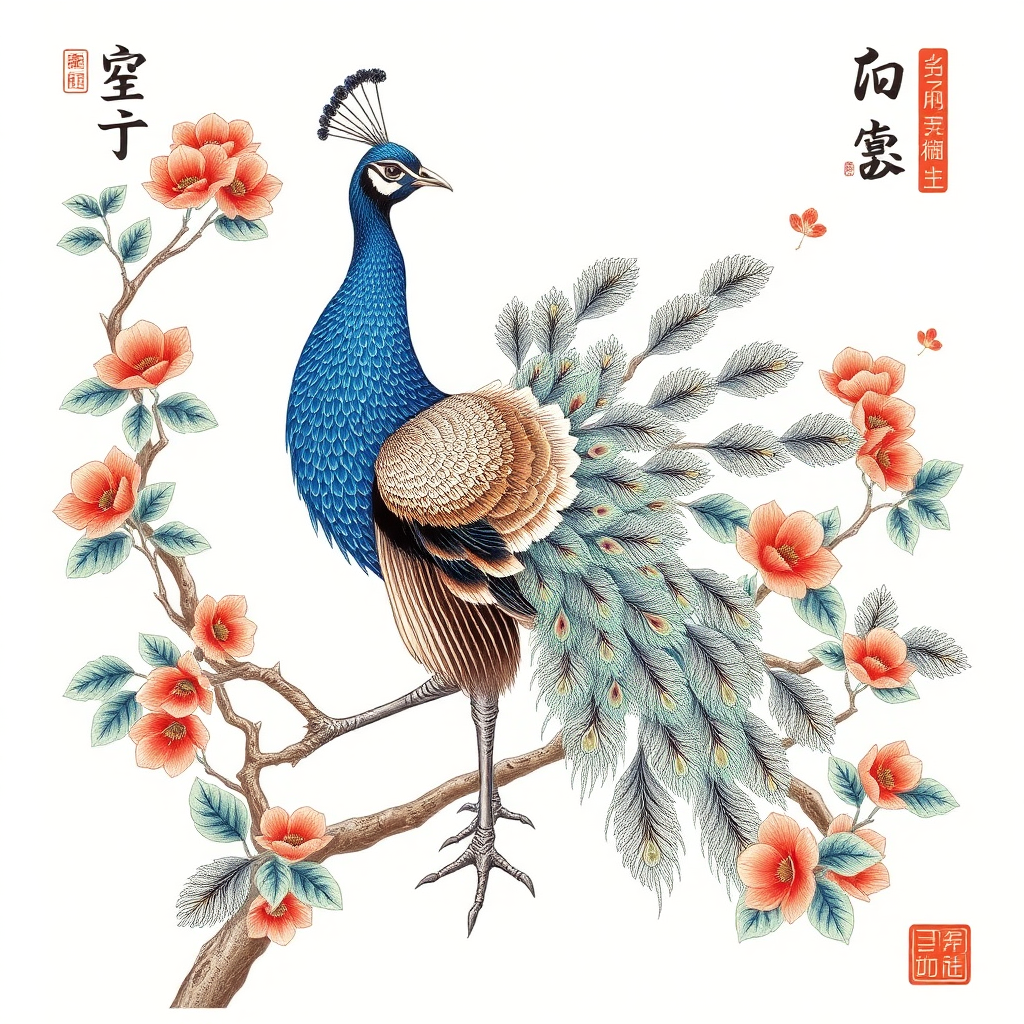 A peacock, Chinese woodcut