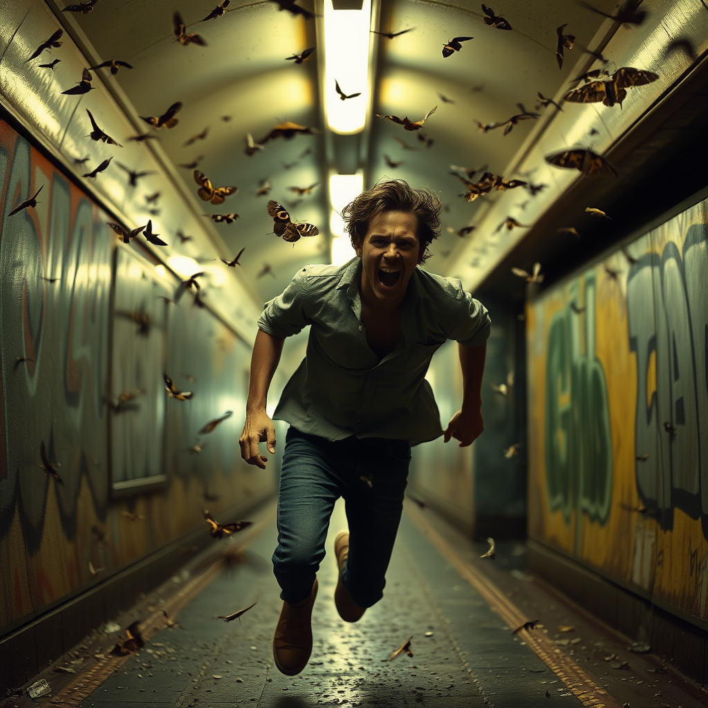 The image shows a tired handsome wild man running and screaming in Polish subway with graffiti on the walls on either side. He is wearing a shirt and jeans. There are hundreds of moths flying in the air and lights illuminating the scene. Dark Cinematic style, he is in the dark, light is behind him, very natural skin.