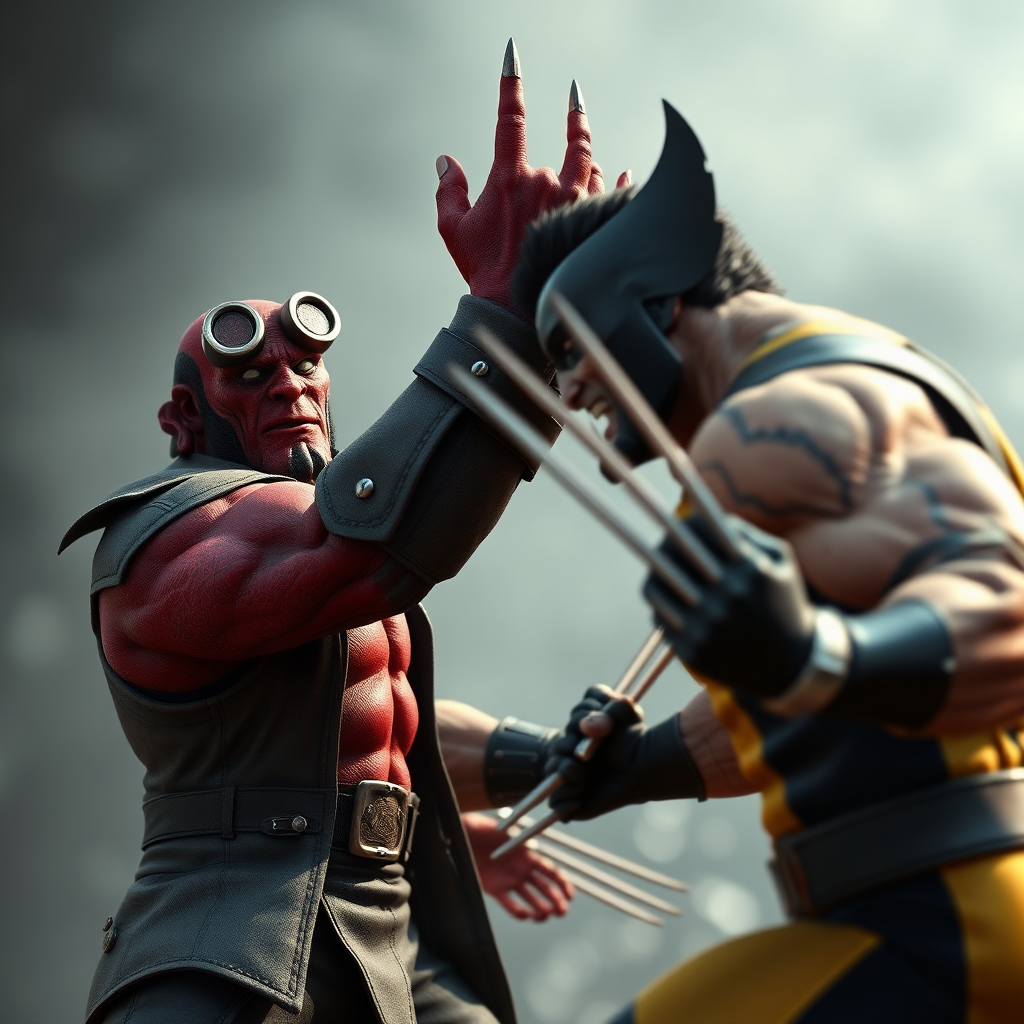 In 3D and photo-realistic quality is a depiction of Hellboy vs Wolverine