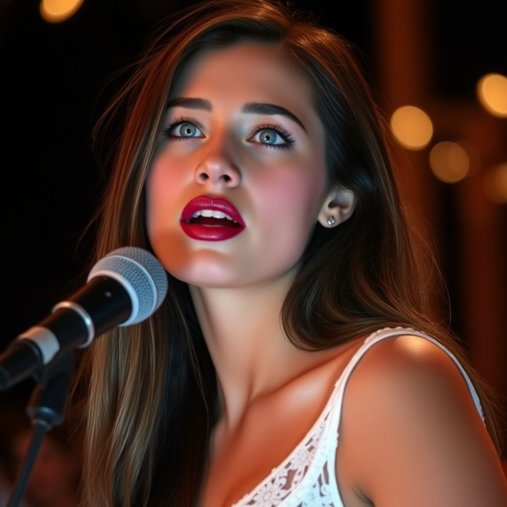 a young woman singing. she is looking like lucy thomas. long brunette hair with highlights, narrow pale blue eyes. suntanned skin. small lips with winered lipstick. looking to the side. wearing a white dress with transparent lace. view from far. night sky in background. photo