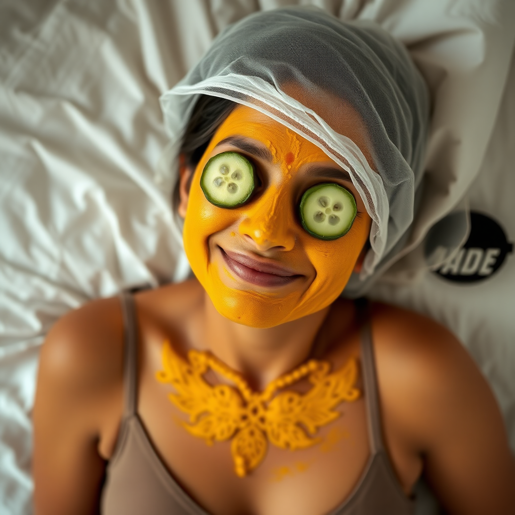 A skinny, traditional, 30 year old Indian wife with hair covering, wearing a bra, lying on a bed. Her face is covered with turmeric face mask, and her eyes are covered with cucumber slices. She looks satisfied from her facial expression.