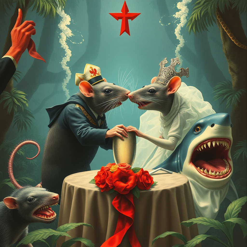 A rat wedding being attacked by sharks, Catholic, Soviet propaganda poster, steam punk, no text, Lovecraftian, in the rainforest