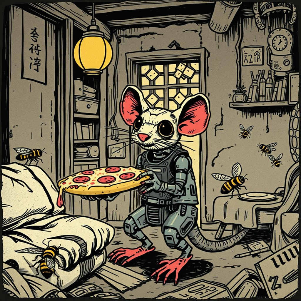 A cyborg rat delivering pizza to bees in a decayed apartment, Chinese woodcut