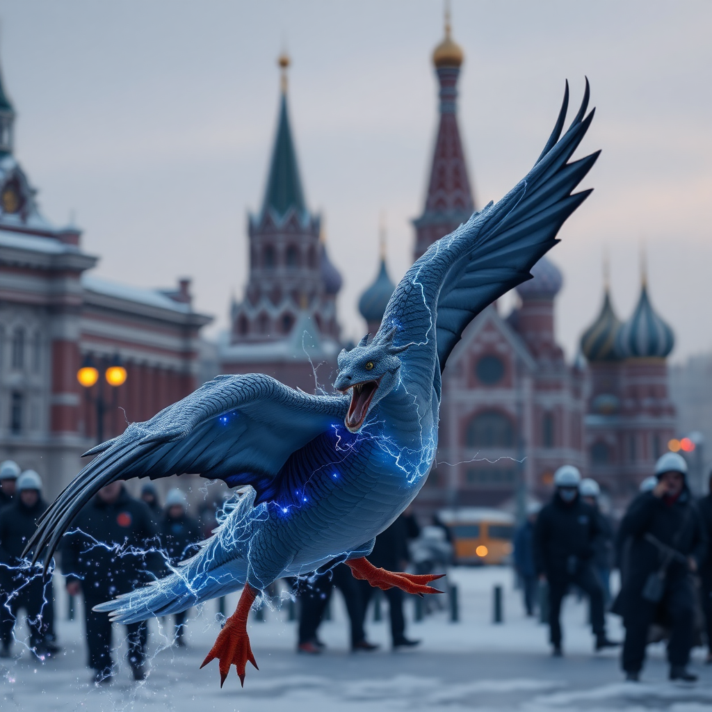 Electric Goose dragon hybrid attacking Moscow, news footage