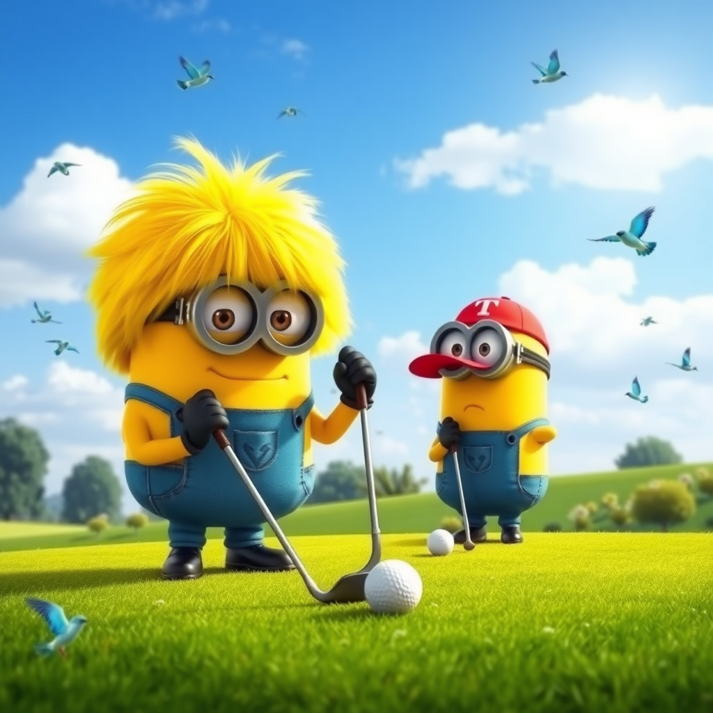 A minion from "Despicable Me" is playing golf on a beautiful golf course. He has a big bright yellow wig of hair. Another minion wearing a red ballcap with the letter "T" emblazoned on the hat is putting. There are bluebirds and sunshine and the scene is beautiful and peaceful.