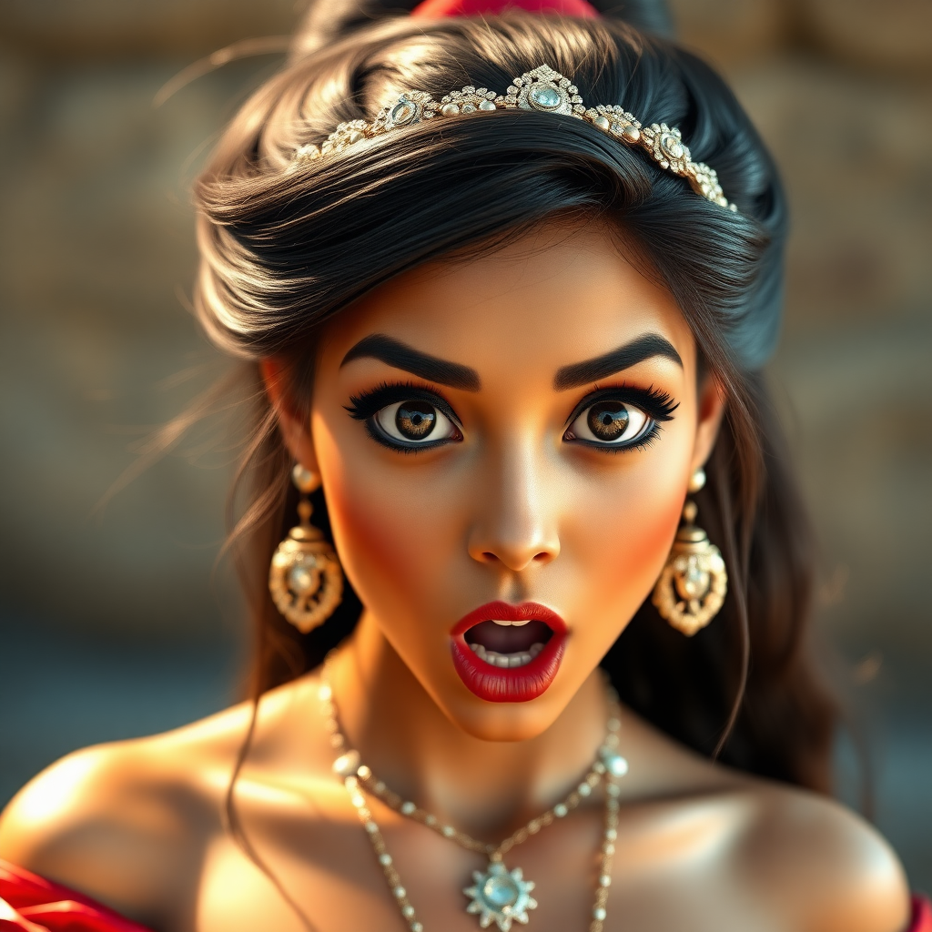 surprised Arabian girl with mouth open. She has very large eyes, black eyeshadow, black eyeliner, fake eyelashes, very tanned skin, very long hair. very high ponytail, princess jasmine, red off shoulder shinny crop top. photo realistic