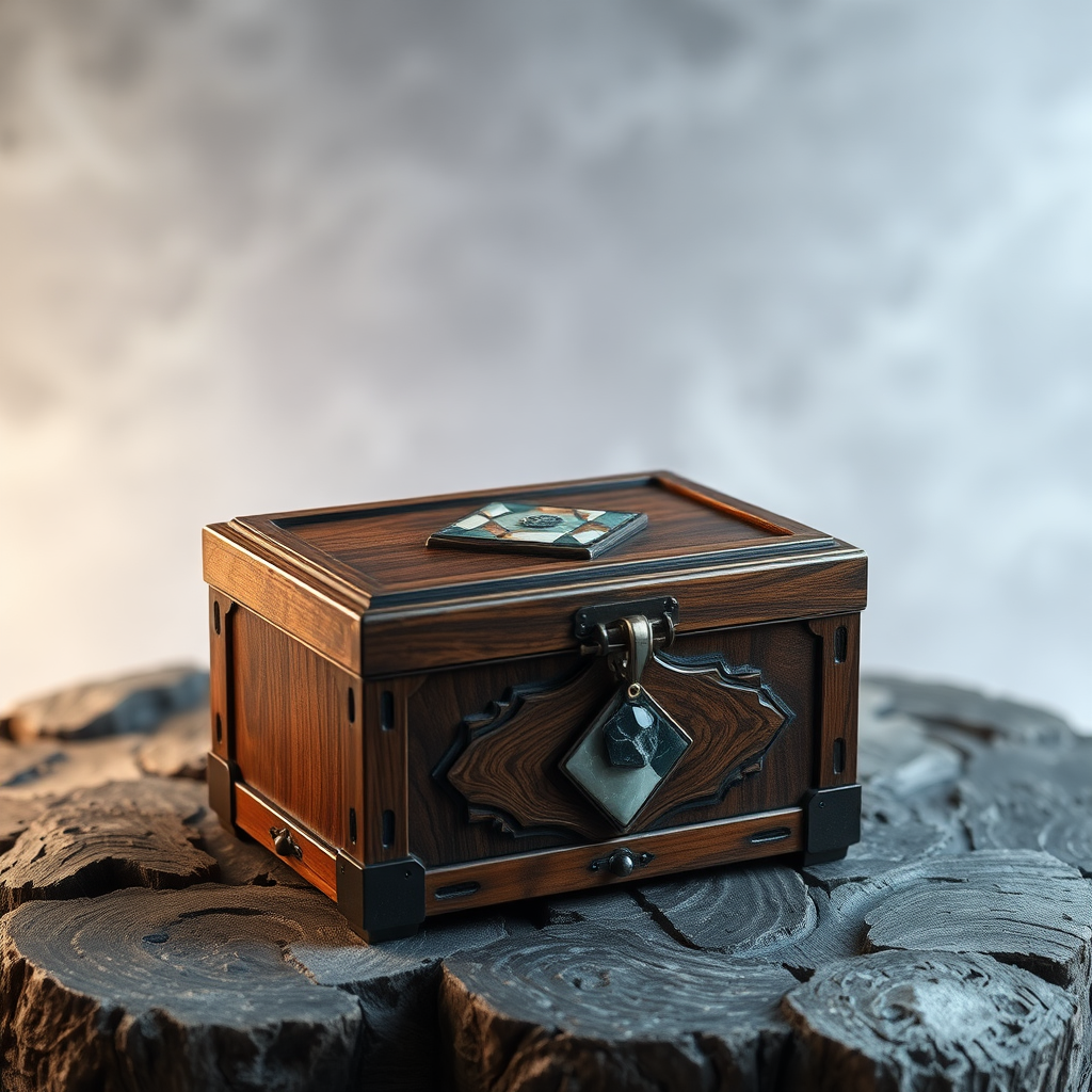 fantasy genre wooden box with stone inlay