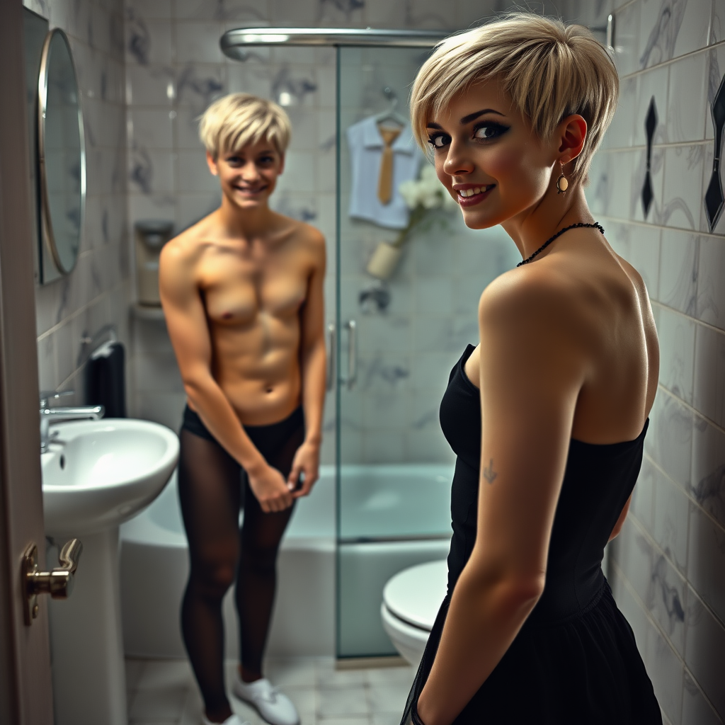 photorealistic, ultra high resolution, 16K, surreal fantasy, studio lighting, a 35 year old mother who is fully dressed for work is watching her pretty 14 year old goth son, slim male physique, short blonde hair, goth makeup, earrings, pantyhose, white ballet shoes, in the bathroom, excited smile, facing the camera.