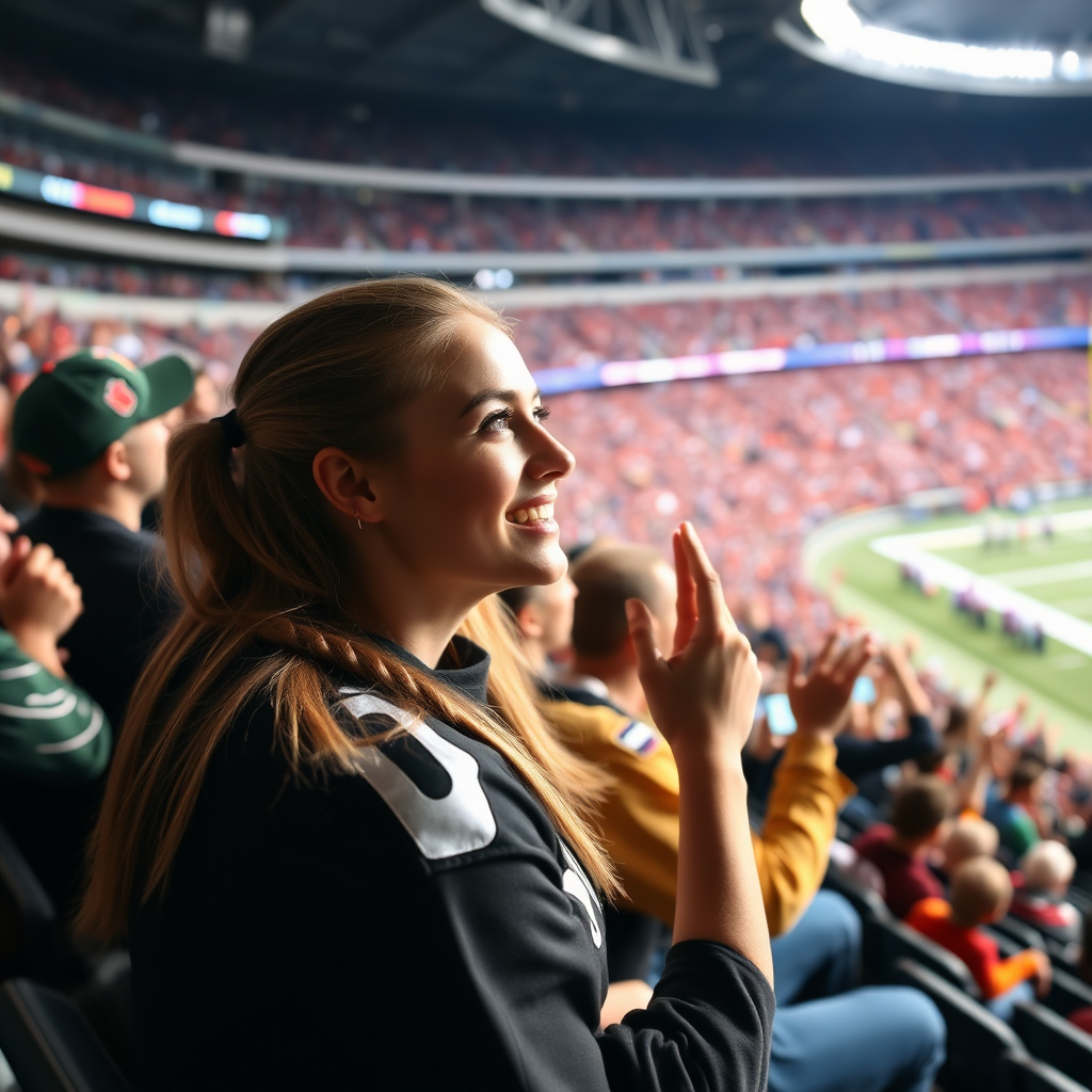 Attractive female NFL fan, pigtail hair, cheering with her friends, inside crowded bleachers, NFL stadium