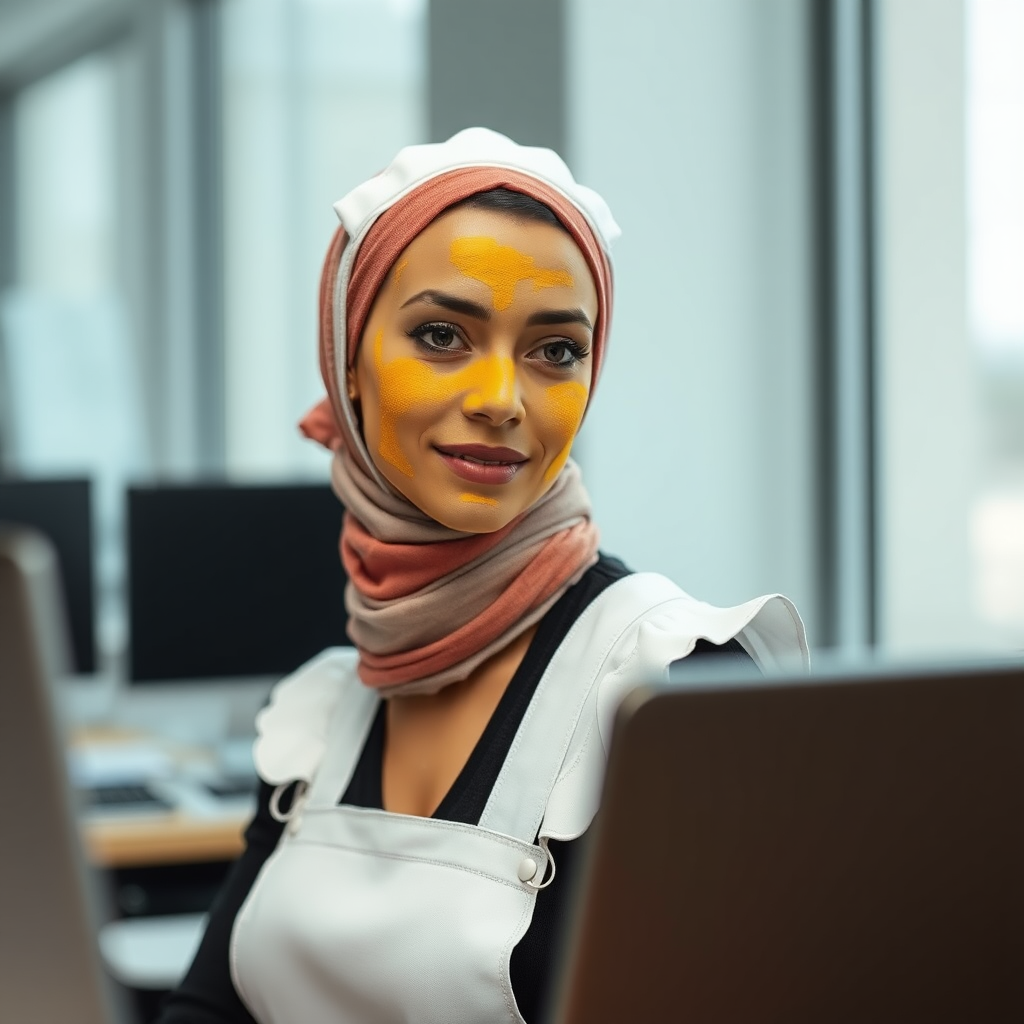 slim, modern, french maid, scarf head, turmeric paste on face, working in office