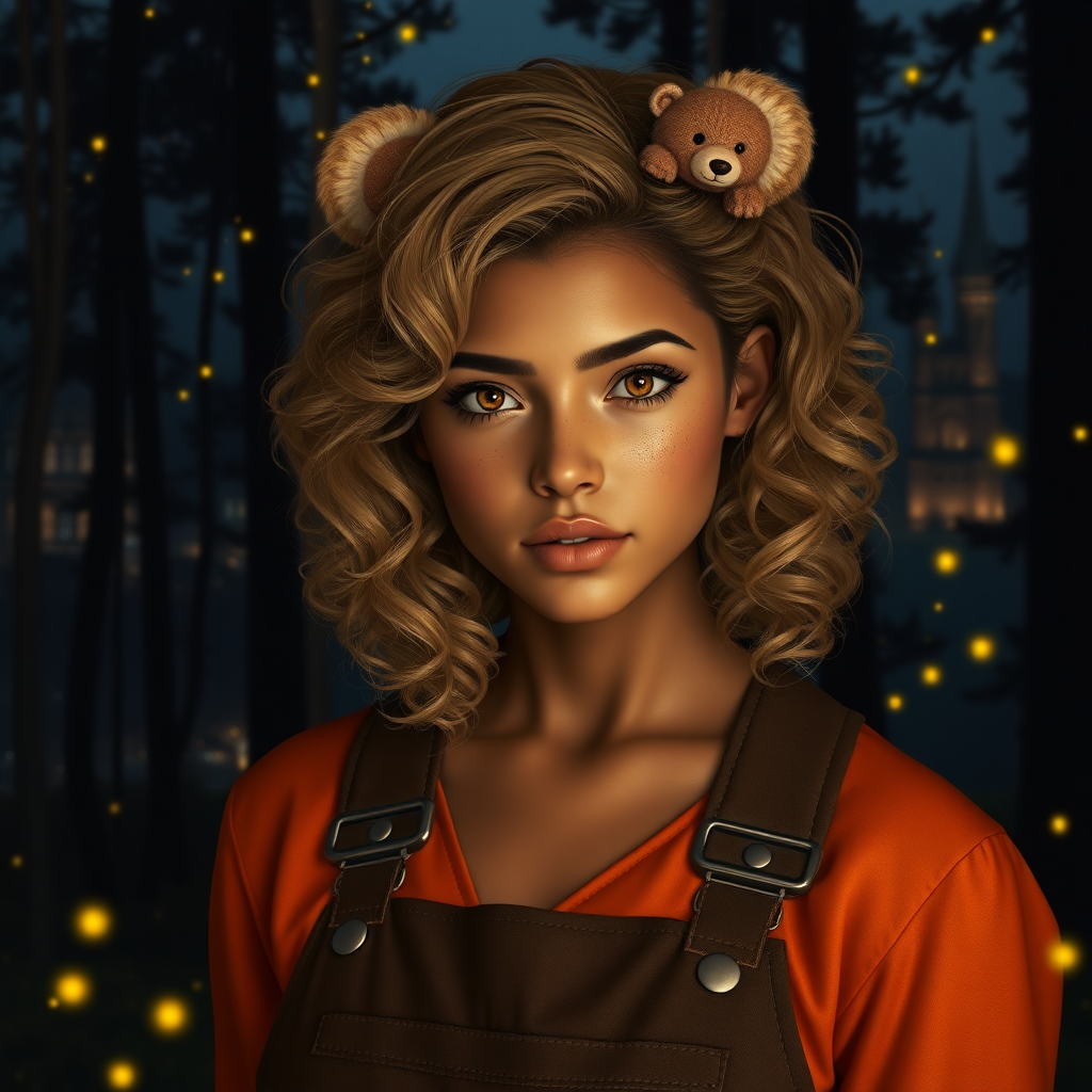 Create a realistic, detailed image of a 25-year-old woman with olive skin. Her eyes are amber and orange in color. Her hair is voluminous and curly to her shoulders. She has delicate features and her face is strong and cute at the same time. She wears a brown jumpsuit and an orange blouse underneath. She has freckles on her face. It's in the middle of a dark forest, lit by fireflies that glow softly. In the background, a city with fantastic architecture, giving a magical touch to the scene. The image must be extremely realistic, capturing every detail with precision and 8k quality. It looks like a photograph. Extremely realistic. 25 years old. She wears a bear clip on her head. Beautiful. Beautiful. Extremely realistic. Beautiful appearance. Shiny golden blonde hair.