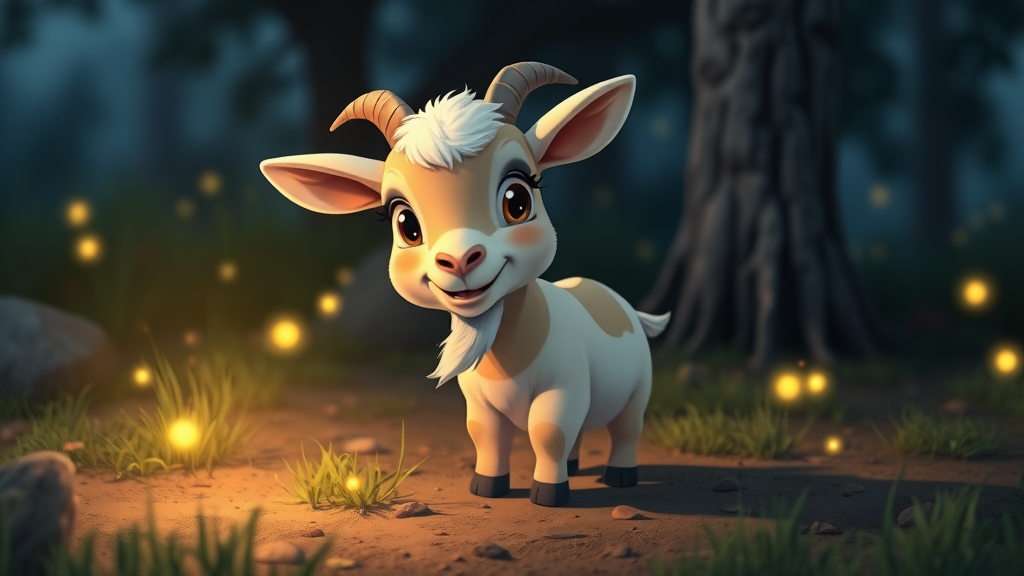 A cute Billy goat in ground at night some fire flies around animation