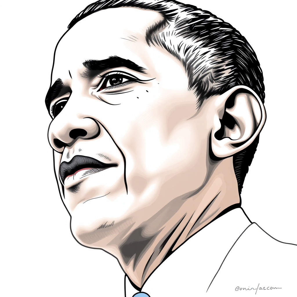 Create a detailed line color pencil illustration of President Obama.