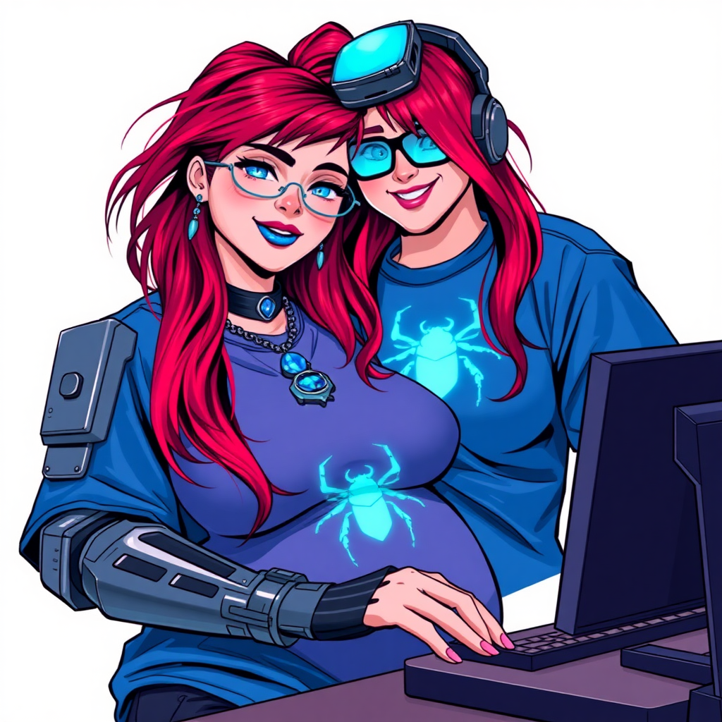 A cyberpunk vigilante’s full-figured intelligent and tech-savvy 29-year-old girlfriend, who is a computer hacker and tech genius. She has a long ruby red ponytail and bright blue eyes. She wears maximum blue lipstick, a sapphire beetle gemstone necklace, sapphire earrings, black eyeglasses, hi-tech metal arm armor, and an oversized maximum blue t-shirt featuring a neon blue glowing icon of a scarab beetle on its chest. She has a full-figured physique with a giant, round midsection, reflecting her well-cared-for lifestyle. She sports a sapphire headset with a hi-tech maximum turquoise lensed HUD, and a beaming smile with a passionate bright red blush. She serves as his tech expert from his hideout, diligently working at her lab table and computer desk. The background is solid white. She is drawn as if she was in a retro 2D cyberpunk fighting game.