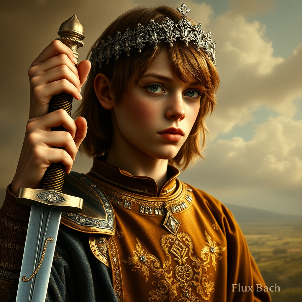 16yo teen boy prince holds his sword in his hand by the hilt with the point of the sword pointing to the upper left corner of the image, long bob cut, embroidered with gold and diamonds medieval cloths, diamond diadem, and Beautiful War, natural Skin Texture, visualization of embossed Skin using the play of light and shadow. Free style by 50% Adolphe William Bouguereau and 15% Sandro Botticelli and 35% Otto Lomüller, The background is in the style of landscape style by Antonio del Polaiolo. Studio lighting, professional lighting. Generating the signature at the bottom: FluxBach. ultra high resolution, 16K,