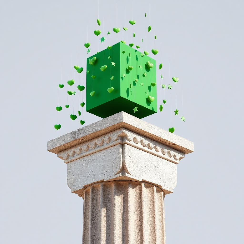 A photograph of an ancient Greek column with weathered, fluted details at the base. Atop the column is a normal green rectangular volume, designed as a funky art installation. Numerous quirky green objects, like small hearts, stars, and abstract shapes, hang from this rectangular volume, creating a playful and surreal effect. The installation contrasts the ancient stone with modern, minimalistic, and weird design elements.