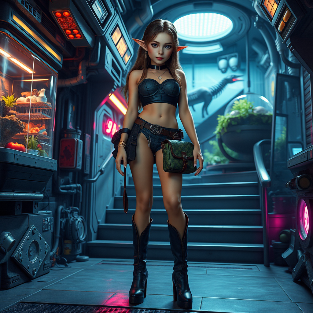 A full body shot of a pretty twenty-something elf girl with a face resembling (ana de armas). cyberpunk 2077, space station, food terrarium, high heel ankle boots, collar, purse and jewelry. Photorealistic digital matte painting, soft focus, film grain, lens flare. ultima underworld stairs.