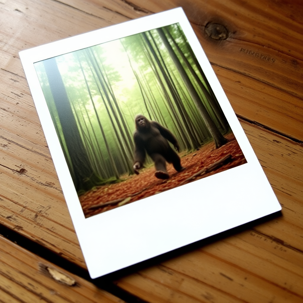 Polaroid photo of a Bigfoot walking in the forest, it is blurry. The Polaroid is lying on an old wooden table.