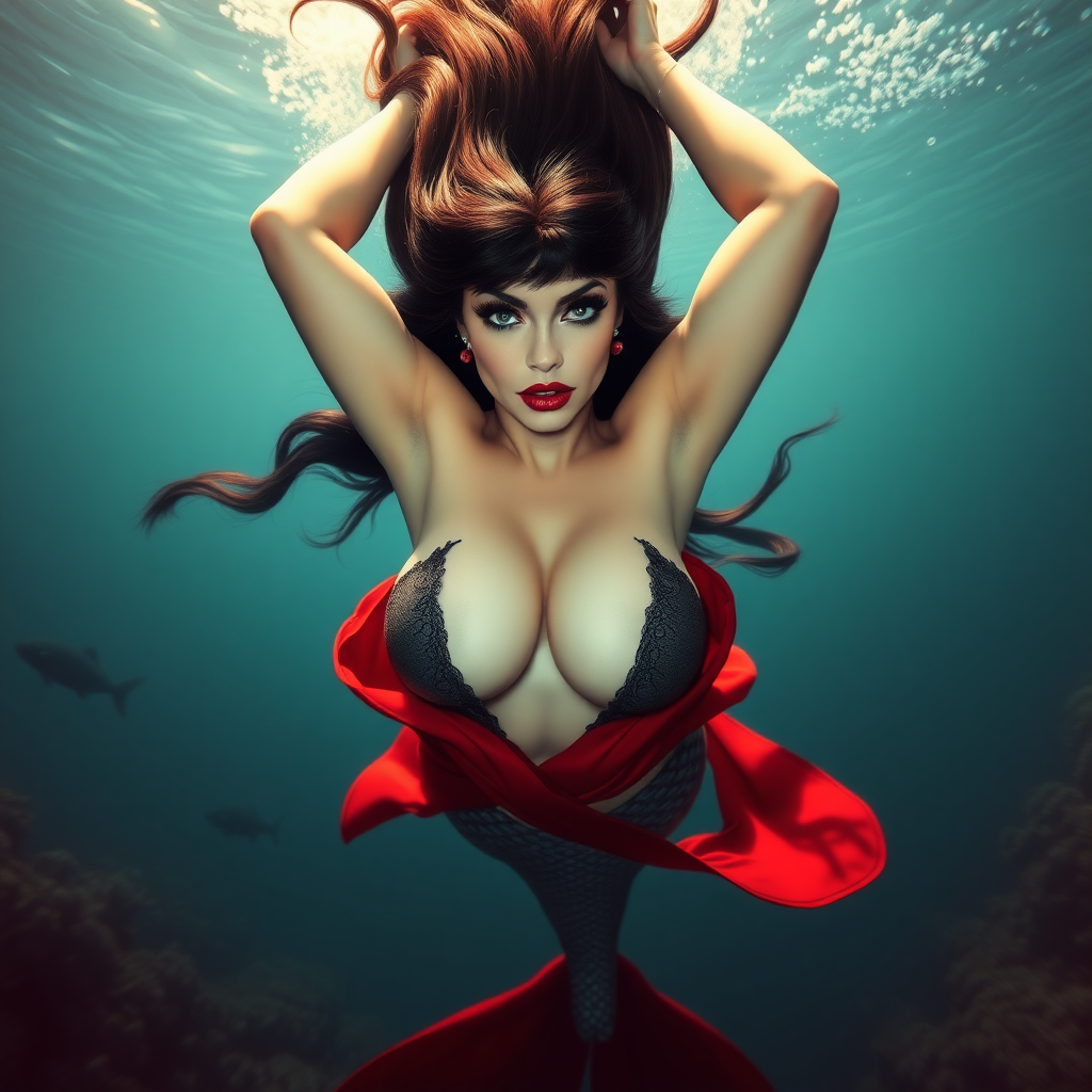 Vampirella as a mermaid, her 500% huge teardrop shaped décolletage spilling out of her loose outfit as she swims underwater directly towards the viewer. She maintains intense eye contact. Her long hair floats like a nimbus cloud. Her arms are raised high, floating over her head. She is deep under the sea surrounded by aquatic life. It is a highly detailed DSLR Photograph.