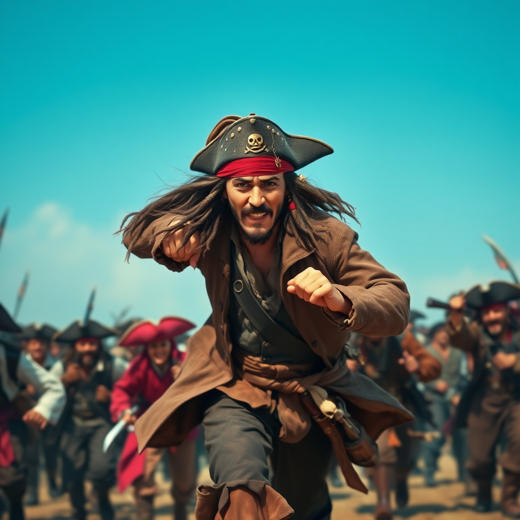 jack sparrow running from a mob of pirates in the background, with the tipical jack sparrow expression