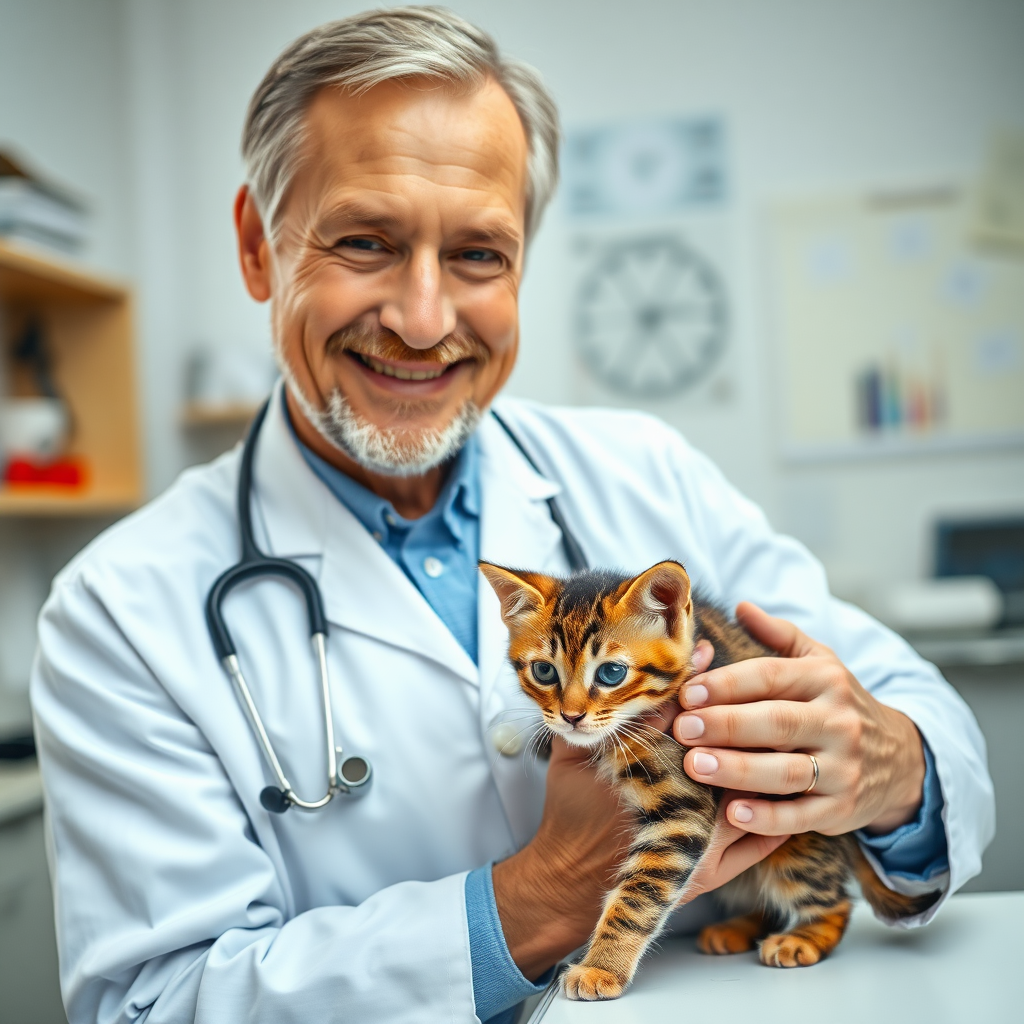 a 57yo swiss doctor, very reliable look,on his studio,nice smile,really professional look,extremely photorealistic image, caressing a cute kitten