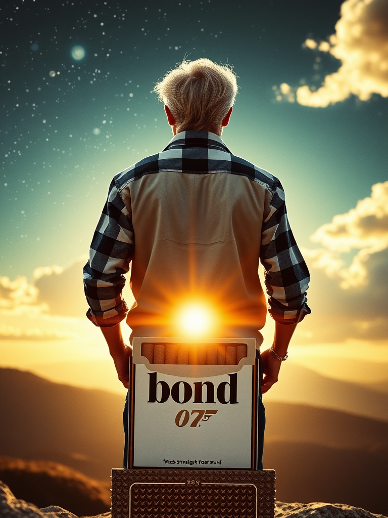 full-body photo, view from behind, a SCI-FI film poster, 1970 style poster, the blonde man in plaid shirt (white and black) standing on pack of cigarettes (with name "bond") that flies straight to the sun, universe, 4k, HDR