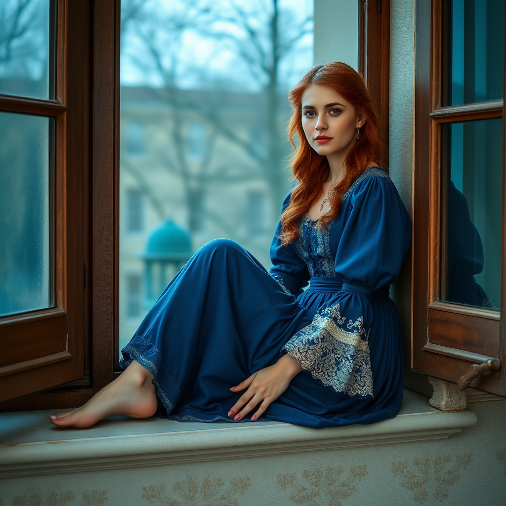 high detailed beautiful woman in 20's in deep blue dress sitting on a window sill, a portrait inspired by Magali Villeneuve, pexels contest winner, neo-romanticism, woman wears a deep blue dress, in a deep blue light medieval era dress, wearing a deep blue dress, in a high renaissance style, in a renaissance style, elegant red dress, dressed in a medieval lacy, she has long red hair