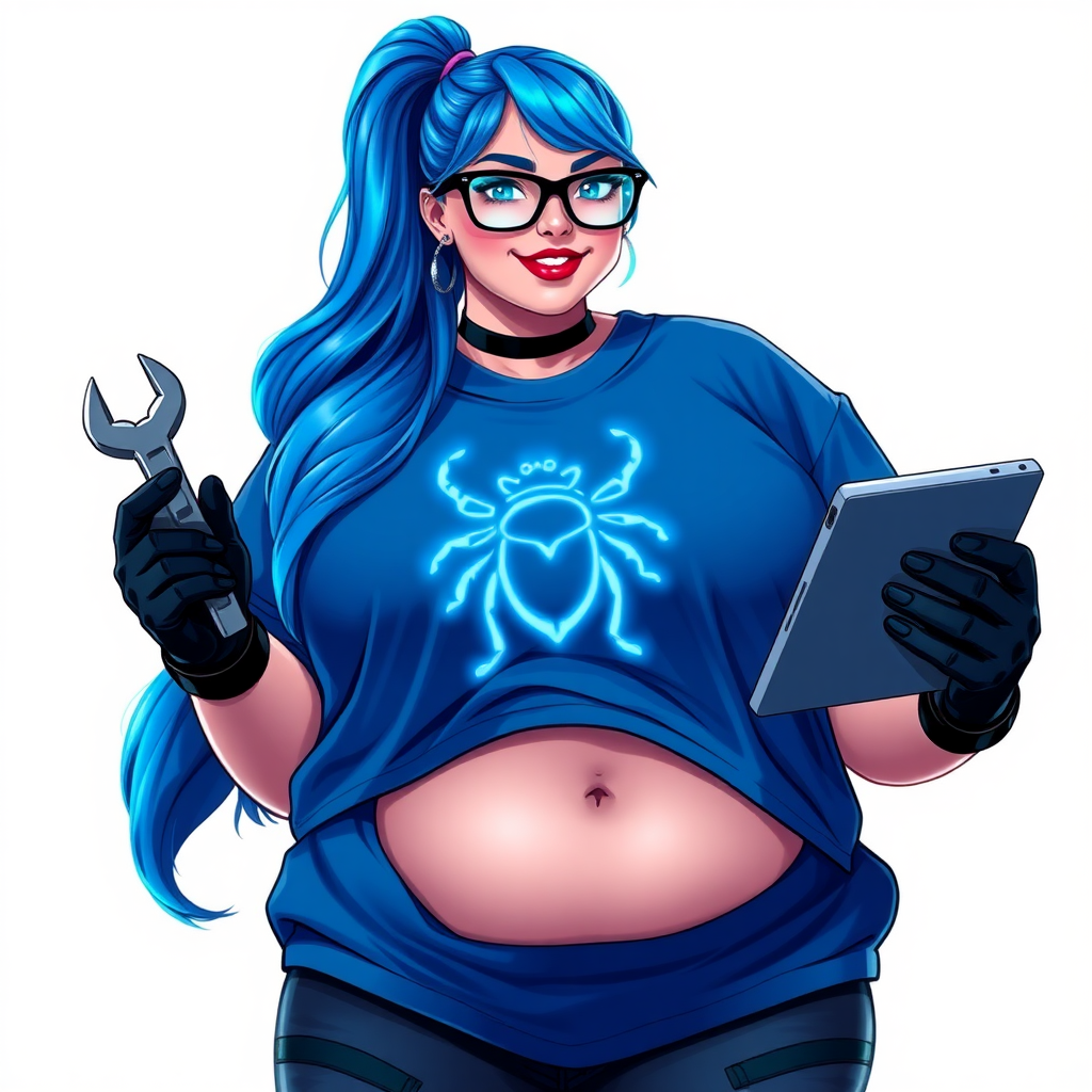 A 28-year-old, full-figured tech genius, she is the devoted girlfriend and sidekick of a cyberpunk vigilante. Her long, maximum blue ponytail and glowing sapphire eyes are striking features. Her prominent, round midsection, gigantic limbs, and broad shoulders define her full figure. As the loyal and supportive sidekick, she plays a crucial role in their missions, using her digital and technological prowess to assist and protect.

She wears an oversized maximum blue t-shirt with a glowing neon blue beetle chest icon, maximum blue lipstick, and black high-tech gloves. Her neon red blush and lovestruck smile are ever-present as she holds a futuristic wrench and a digital holographic tablet. Her full figure (especially her round midsection) shows how pampered she is by her doting boyfriend. She dutifully works in her boyfriend's hideout workshop and computer. Her nerdiness is unmistakable, accentuated by her black oversized eyeglasses. She is on a solid white background. She serves as her boyfriend’s indispensable tech expert. She is drawn as if she was in a retro 2D cyberpunk fighting game. Make sure her oversized t-shirt covers her midsection.