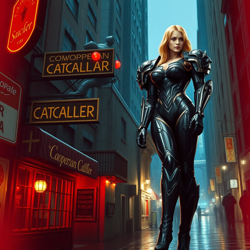 A city street, a bar with a sign that says "Canopean Catcaller". Large battlemech towering nearby with a woman standing on top. She resembles Ana de Armas, has strawberry blond hair and is wearing a formfitting modern armor. Hyperrealistic, digital matte painting, night, raining, film grain, chromatic aberration.