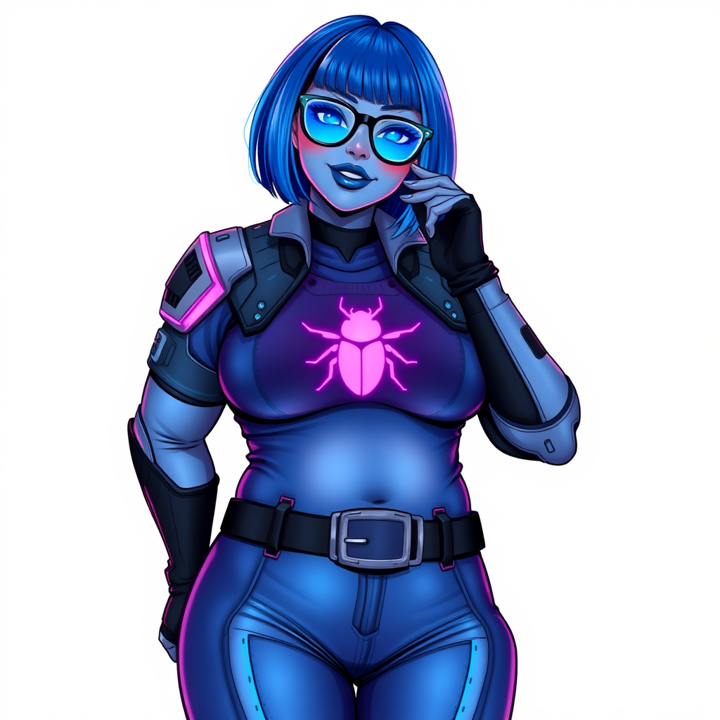 A 28-year-old, full-figured, metallic maximum blue (5PB 5/10) skinned computer program hybrid with a maximum blue bob cut. She has a non-athletic build, highlighted by a prominent, round midsection (with heavy emphasis on her round belly), which shows the effects of her love of junk food acquired from her boyfriend. As the full-figured, nerdy, digital sidekick to her cyberpunk vigilante boyfriend, her metallic maximum blue skin and maximum blue lipstick (5PB 5/12) emphasize her digital nature. Her skin has a subtle, animated glow, with digital patterns occasionally flickering across it, making her digital nature obvious. She wears a digital, computerized costume, consisting of a massive, tight-fitting, maximum blue biker shirt (5PB 5/12) made out of advanced nanotech with a neon blue glowing chest icon of a beetle, hi-tech shoulder pads with neon blue accents, a black hi-tech belt with a digital neon blue glowing buckle, digital maximum blue biker pants (5PB 5/12) with neon blue accents, and black hi-tech fingerless biker gloves with neon blue glowing accents. Her neon blue glowing eyes, black eyeglasses with neon blue glowing lenses equipped with a built-in HUD, and bashful smile with neon red blush accentuate her nerdiness. She stands bashfully with one hand behind her back and the other hand gently touching her cheek, her costume covering all her skin and heavy emphasizing her full figure (especially her round belly). She is clearly non-athletic, with a focus on her full-figured physique. Despite her build, she radiates beauty. She has a slim face compared to her physique, accentuating her radiant beauty. She is on a solid white background. She is drawn as if she were in a retro 2D cyberpunk fighting game.