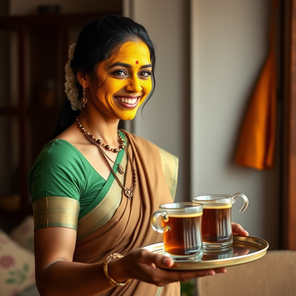 slim, 30 year old, sexy, traditional indian wife, turmeric face mask. She is smiling and serving coffee on a tray to guests.