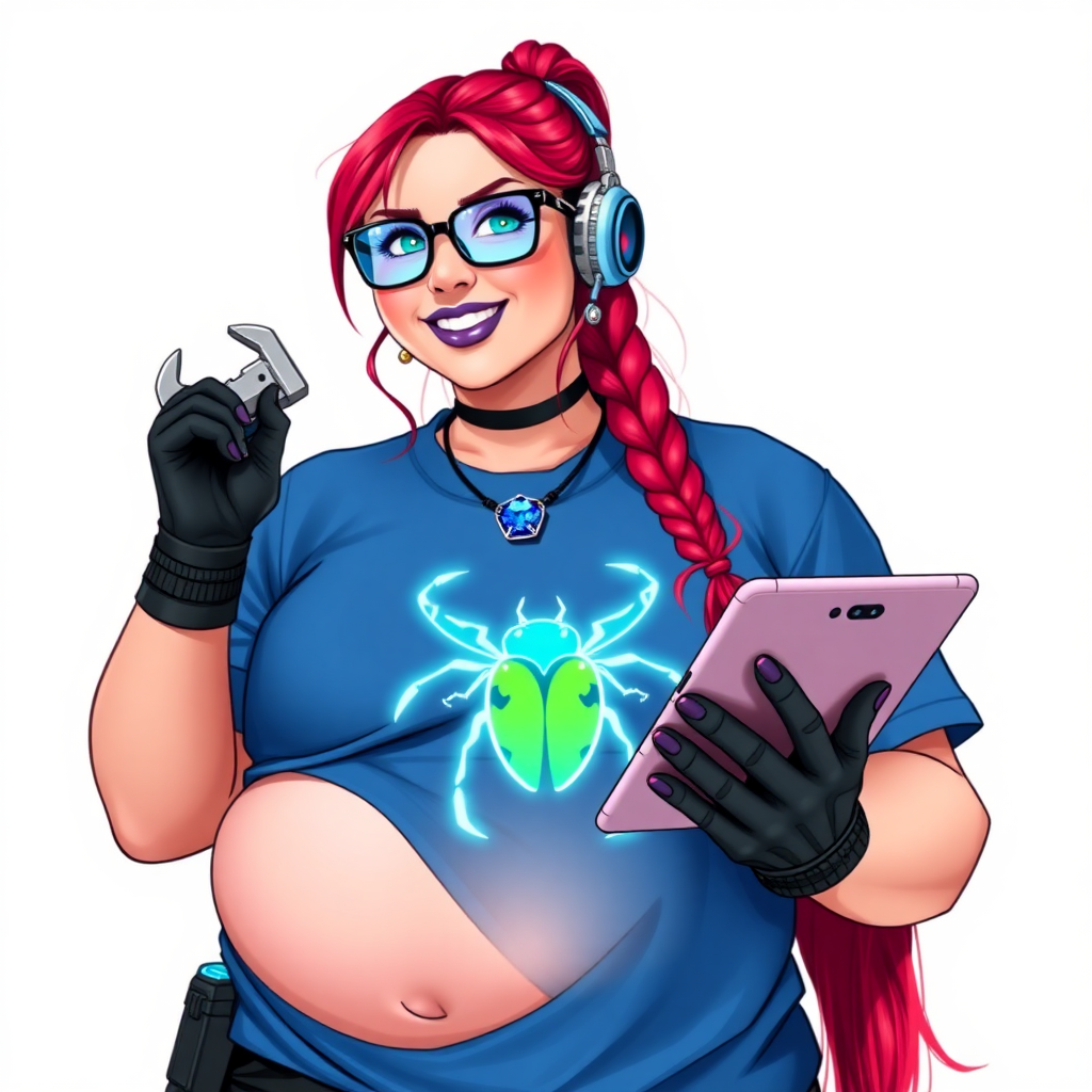 A full-sized, intelligent and tech-savvy 28-year-old computer hacker and tech genius. She has a long ruby red ponytail. She wears maximum blue lipstick, blue eyes, a sapphire beetle gemstone necklace, sapphire earrings, black eyeglasses, hi-tech power gloves, and a gigantic oversized maximum blue t-shirt featuring a neon blue glowing beetle chest icon. She has a full-figured physique with a prominent, gargantuan, round midsection, reflecting her well-cared-for lifestyle. She sports a sapphire headset with a hi-tech maximum turquoise lensed HUD, and a beaming smile accentuated by a passionate neon red blush. She serves as his tech expert from his hideout, holding a futuristic tool wrench and a futuristic digital tablet. The background is solid white. She is drawn as if she was in a retro 2D cyberpunk fighting game.