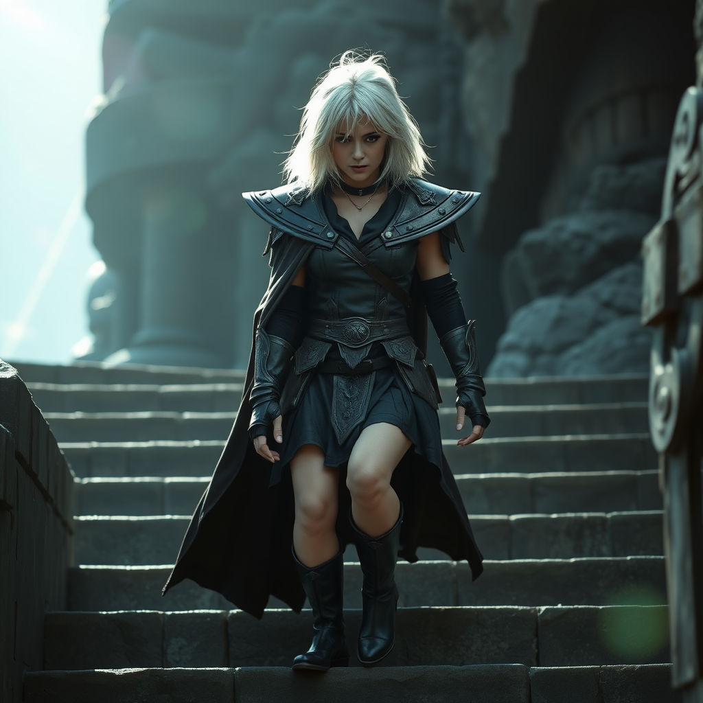 A female like (Ana de Armas). Messy shoulder-length white hair. Wide triangular shoulder pads, flowing cloak, leather armor, skirt, high heel ankle boots. She is going down steps like in Ultima Underworld. WLOP style. Photorealistic digital matte painting, highly detailed, film grain, lens flare, chromatic aberration.