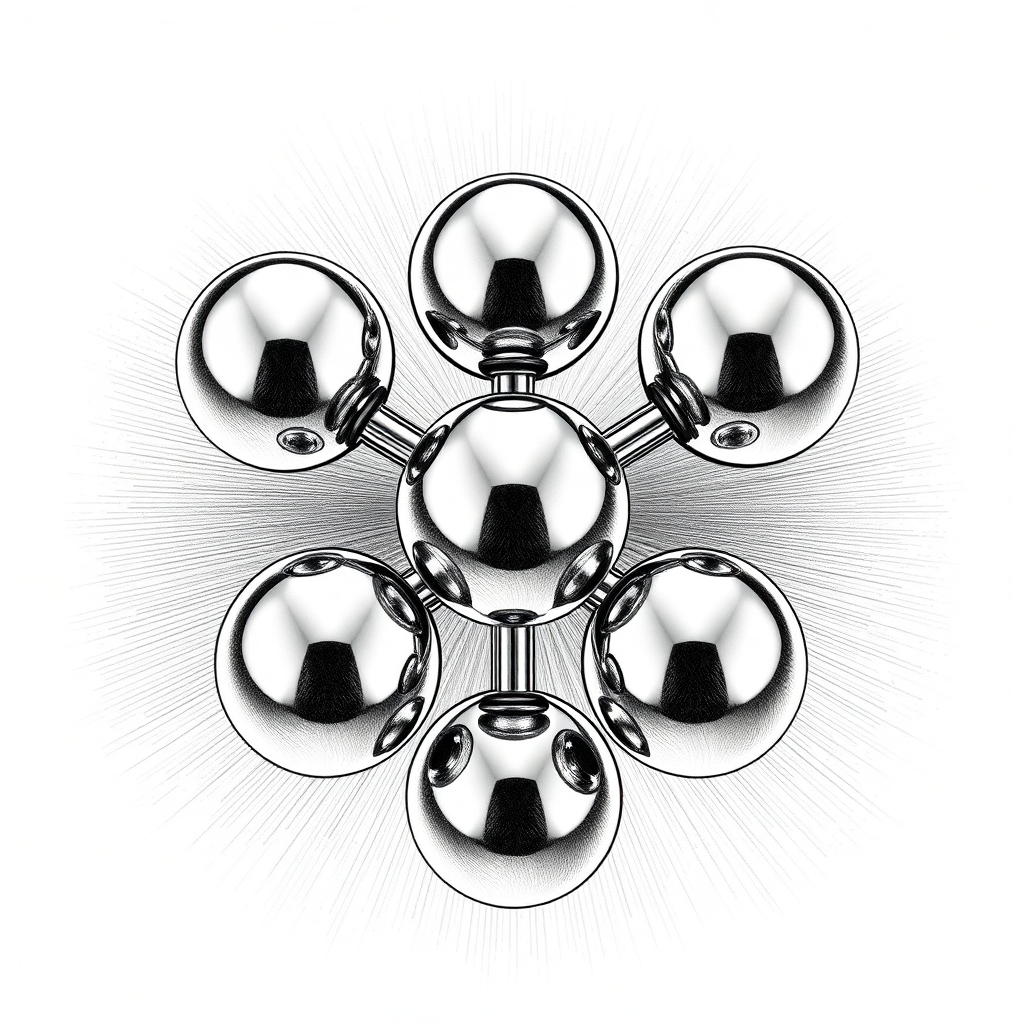 Five connected spheres of mercury in a ring in between two other spheres, spinning top, fidget spinner, toy, small spheres, isometric, side view, symmetric, pencil drawing, impossible, black and white, atomium, Escher, reflective, raytracing