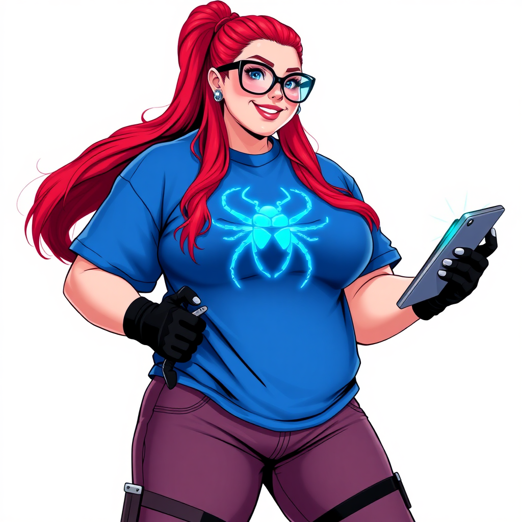 A 28-year-old, full-figured computer hacker and tech wiz, she is the girlfriend of a cyberpunk vigilante. Her long ruby red ponytail, and striking, bright blue eyes make her stand out. Her wrecking ball-sized midsection, sequoia-sized limbs, and broad shoulders define her full figure, which has been heavily pampered by her doting boyfriend. Her nerdiness is blatantly obvious, and she serves as her boyfriend’s tech expert.

As the loyal and supportive sidekick, she plays a crucial role in their missions, using her digital and technological prowess to assist and protect. She wears an oversized maximum blue t-shirt adorned with a glowing neon blue beetle chest icon, black oversized eyeglasses, and black high-tech gloves. She beams with a neon red blush, holding a futuristic wrench and a digital holographic tablet. She is on a solid white background. She is drawn as if she was in a retro 2D cyberpunk fighting game.